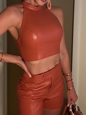 High-Neck Faux Leather Crop Top in Rust Orange